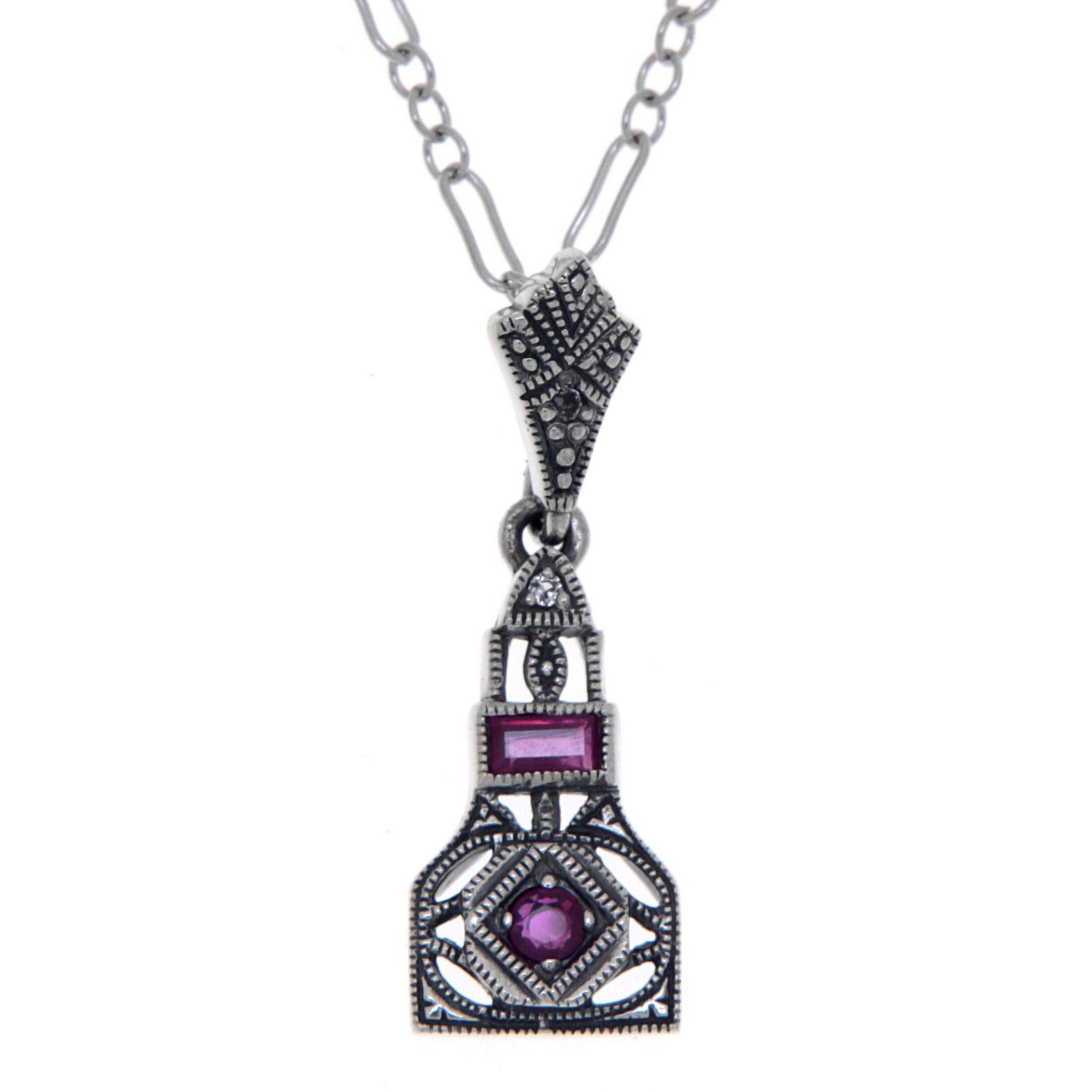 Art Deco style, White Topaz, Ruby, sterling silver pendants, front view