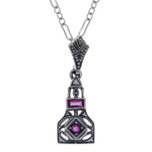 Art Deco style, White Topaz, Ruby, sterling silver pendants, front view