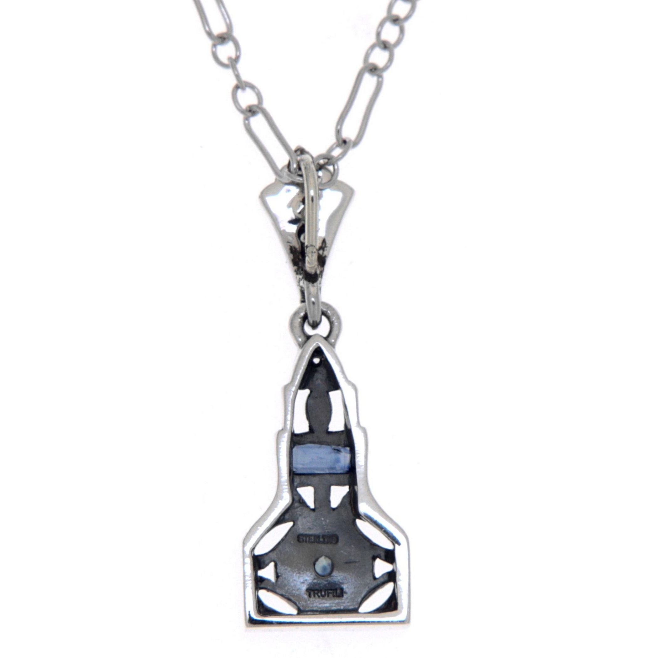 Back view of Art Deco Blue Sapphire and White Topaz Filigree Pendant Sterling Silver showing 925 sterling silver hallmark and