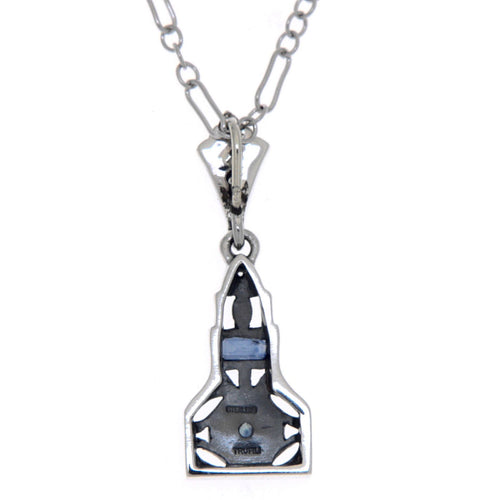 Back view of Art Deco Blue Sapphire and White Topaz Filigree Pendant Sterling Silver showing 925 sterling silver hallmark and