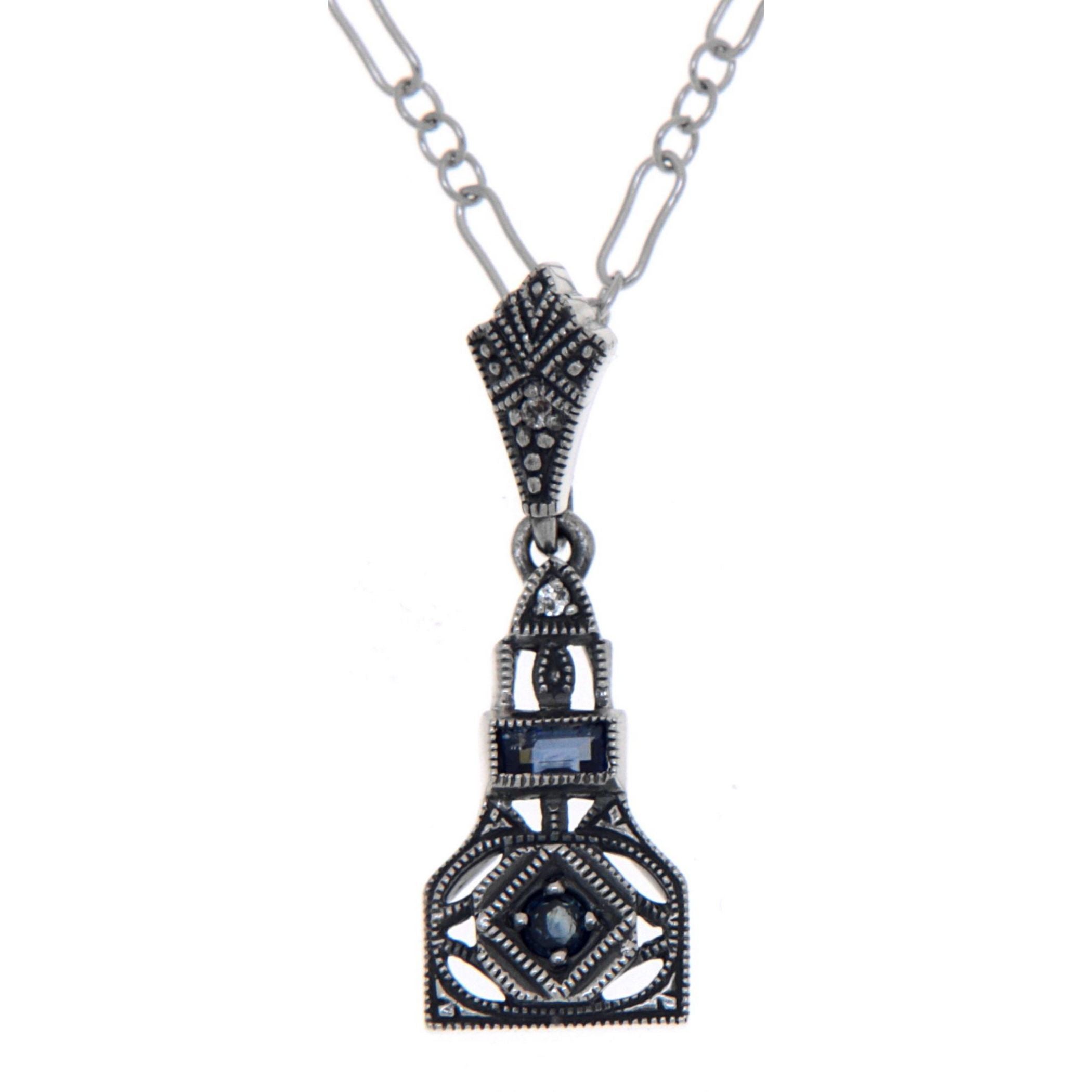 Art Deco style, White Topaz, Sapphire, sterling silver pendants, front view