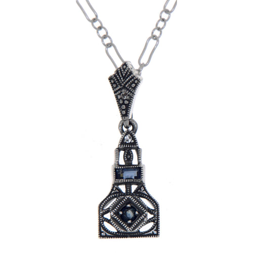 Art Deco style, White Topaz, Sapphire, sterling silver pendants, front view