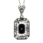Back view of Sunray Camphor Glass and Jet Genuine Diamond Filigree Pendant Sterling Silver showing 925 sterling silver hallma