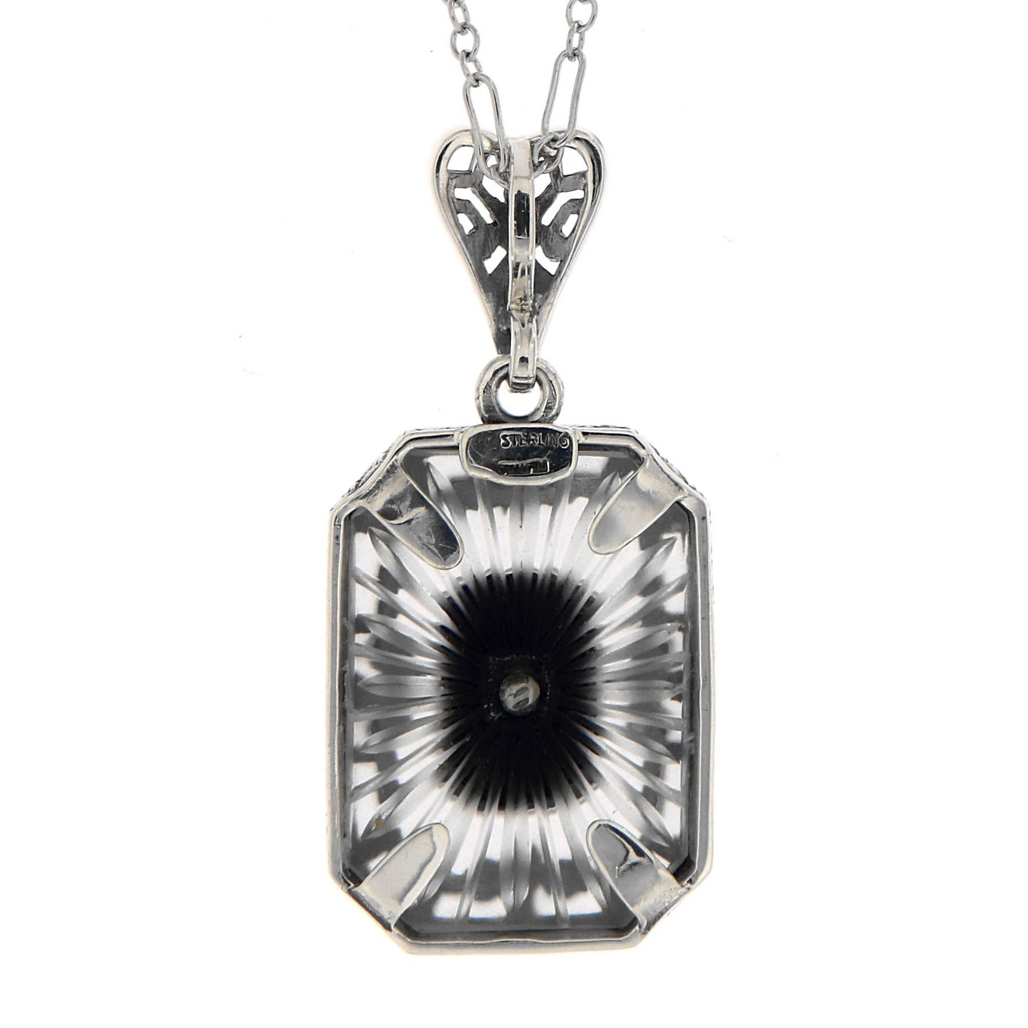 Back view of Sunray Camphor Glass and Jet Genuine Diamond Filigree Pendant Sterling Silver showing 925 sterling silver hallma