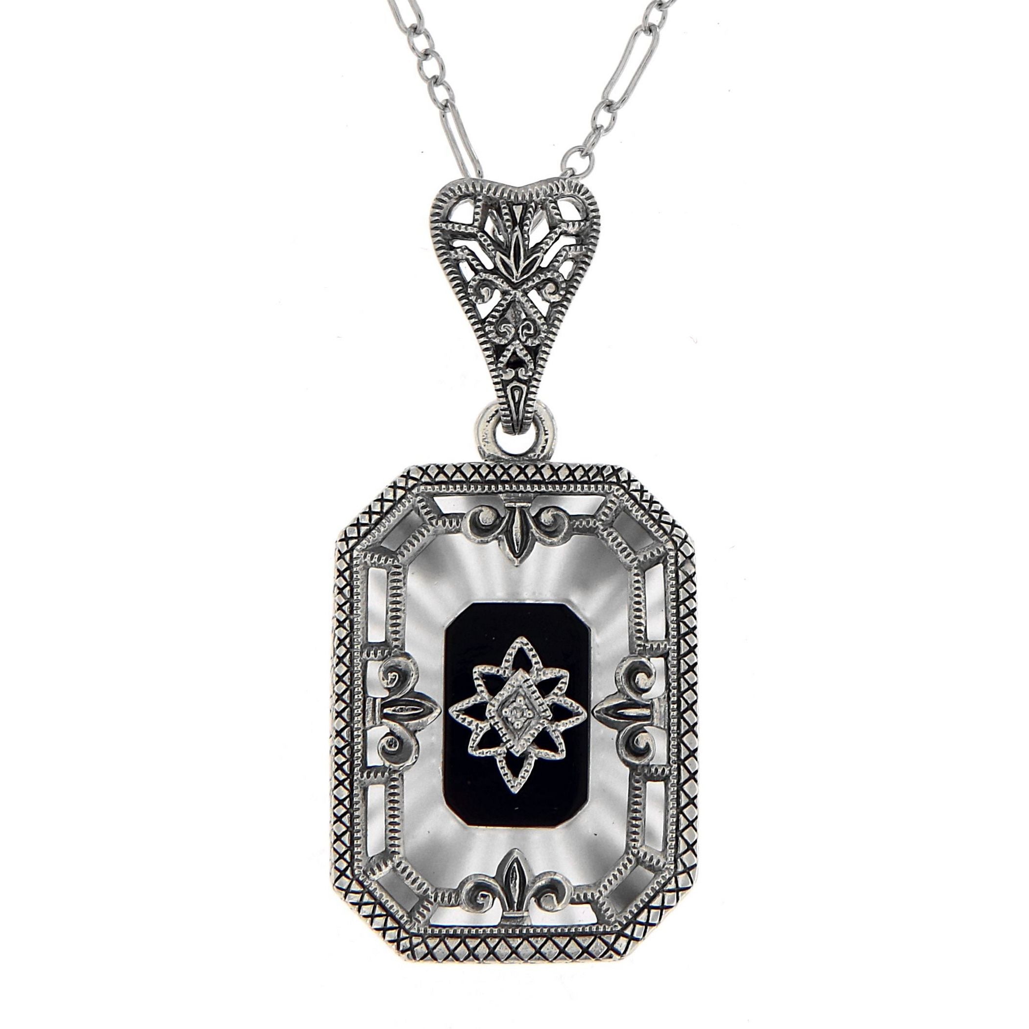 Filigree, Diamond, Camphor Glass, sterling silver pendants, front view