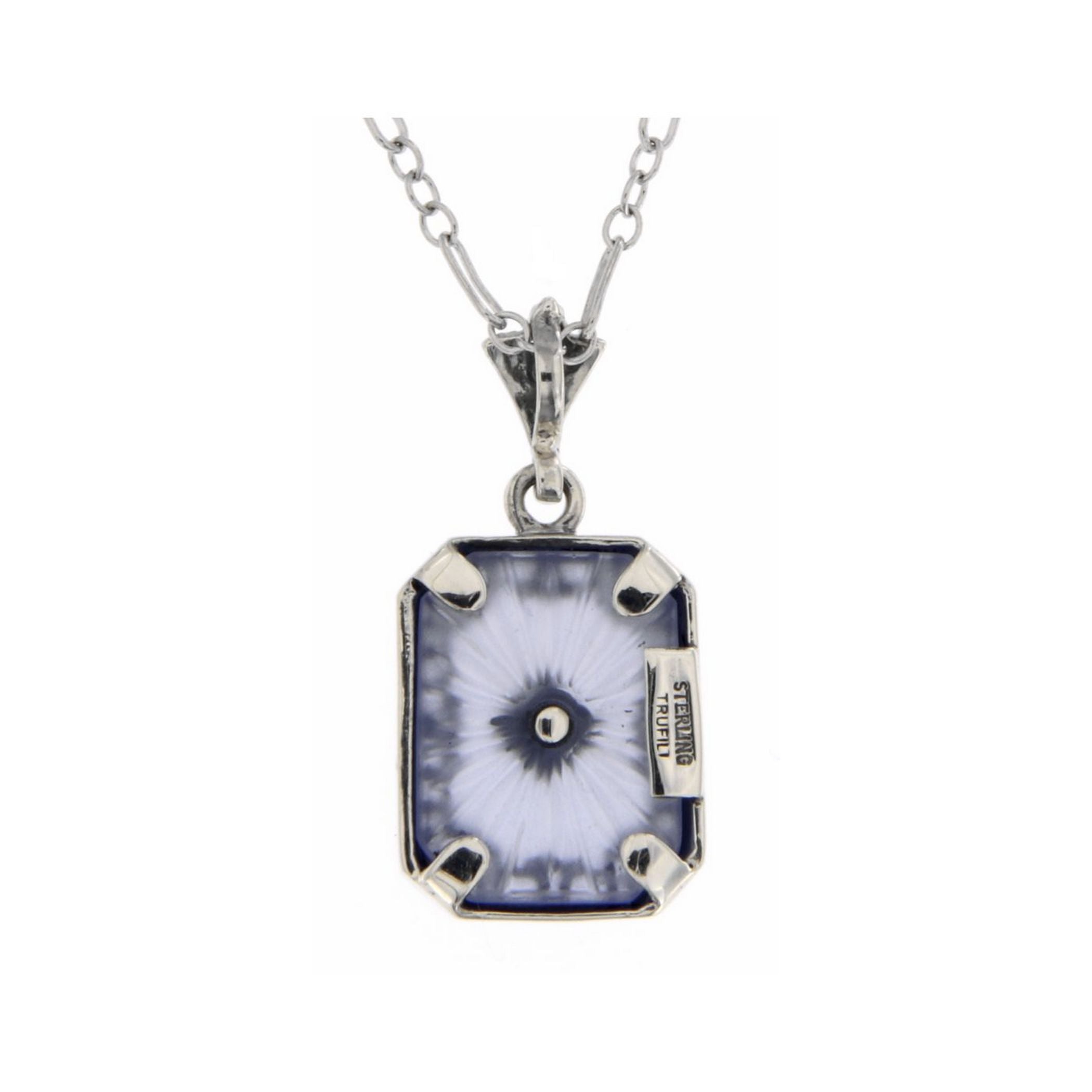 Back view of Blue Crystal Camphor Glass with Diamond Center Filigree Sterling Silver Pendant showing 925 sterling silver hall
