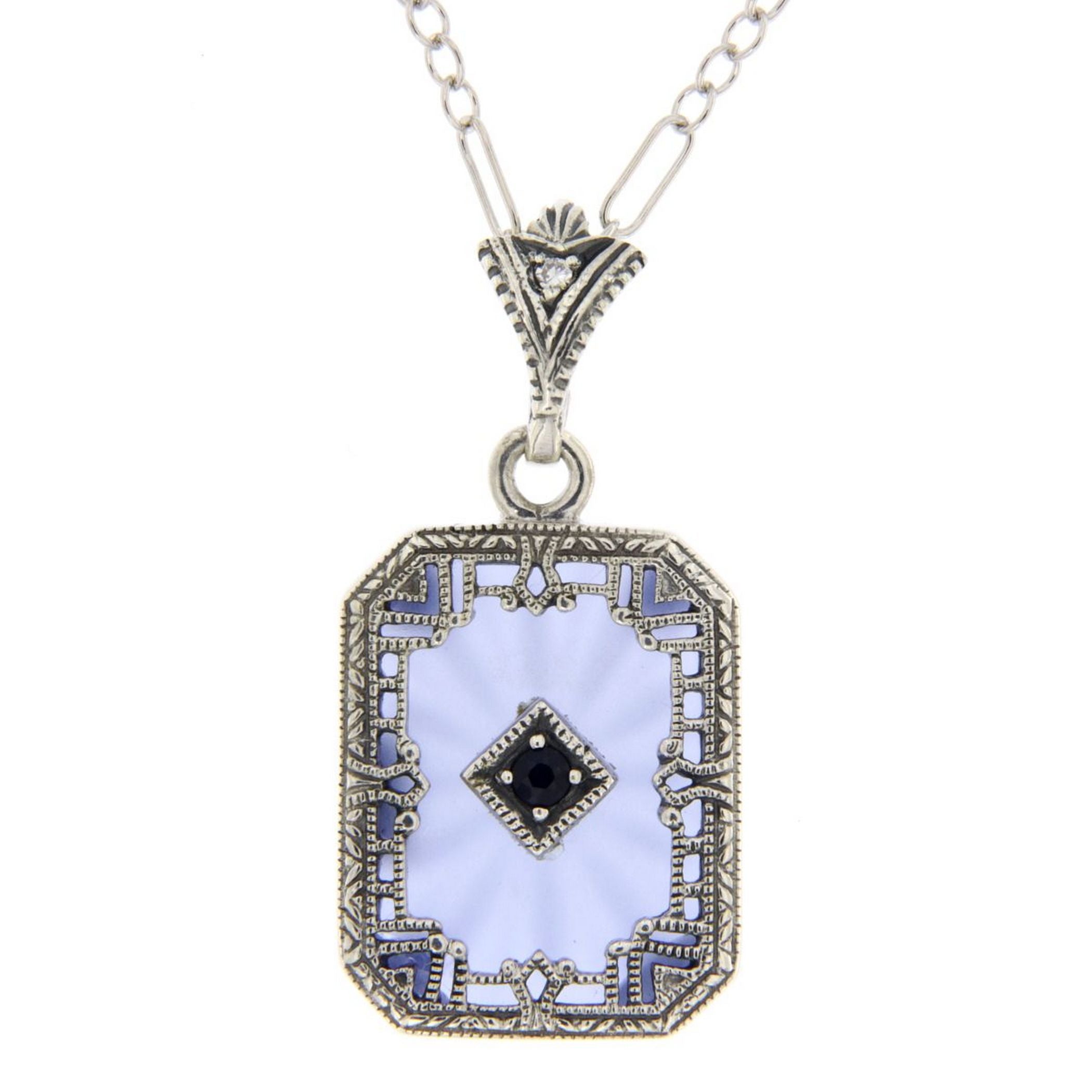 Filigree, Sapphire, Crystal, sterling silver pendants, front view