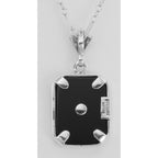 Back view of Art Deco Style Diamond and Black Onyx Pendant with 18 Chain showing 925 sterling silver hallmark and spring ring