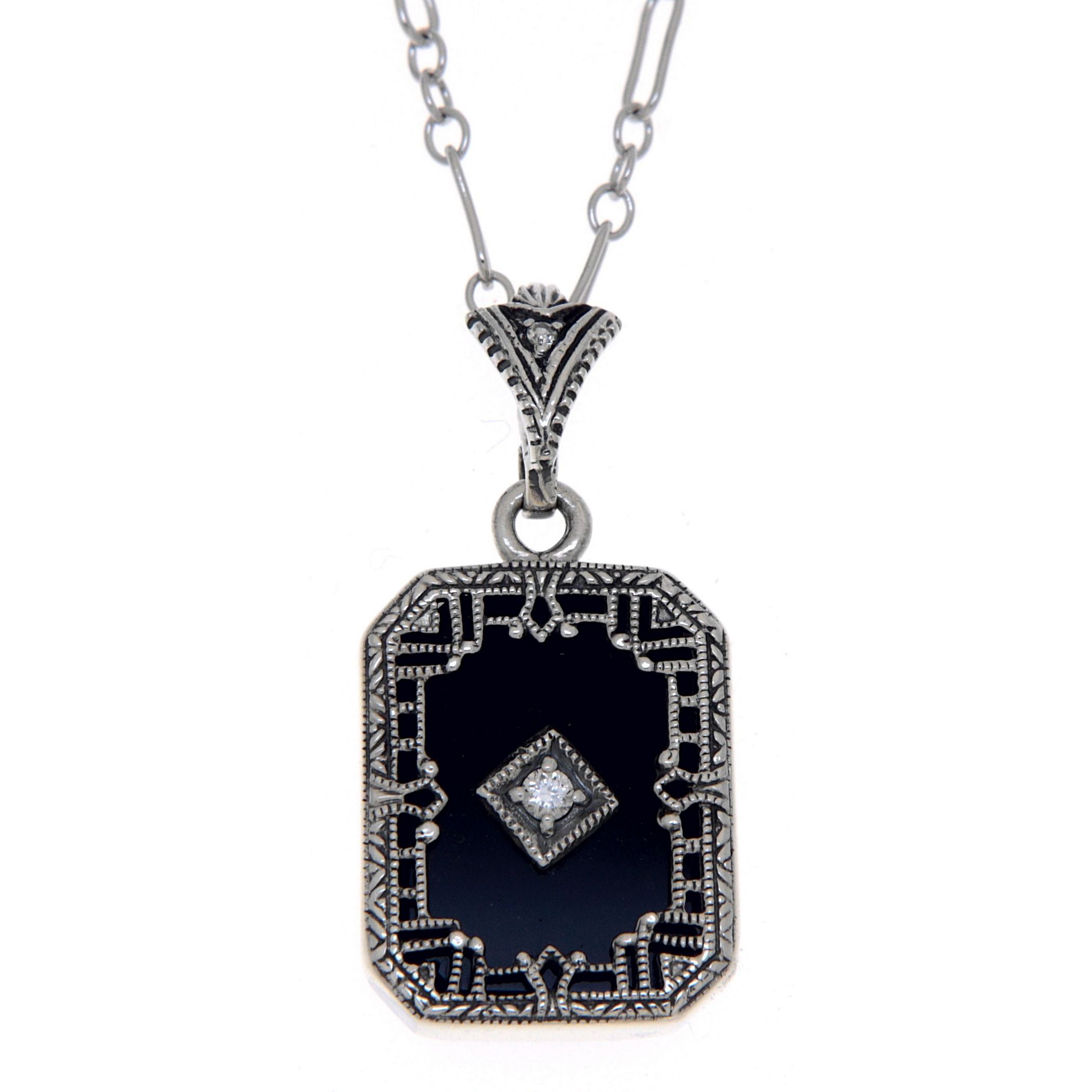 Art Deco style, White Topaz, Black Onyx, sterling silver pendants, front view