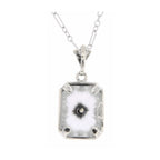 Back view of Art Deco Style Diamond and Camphor Glass Crystal Pendant showing 925 sterling silver hallmark and spring ring cl