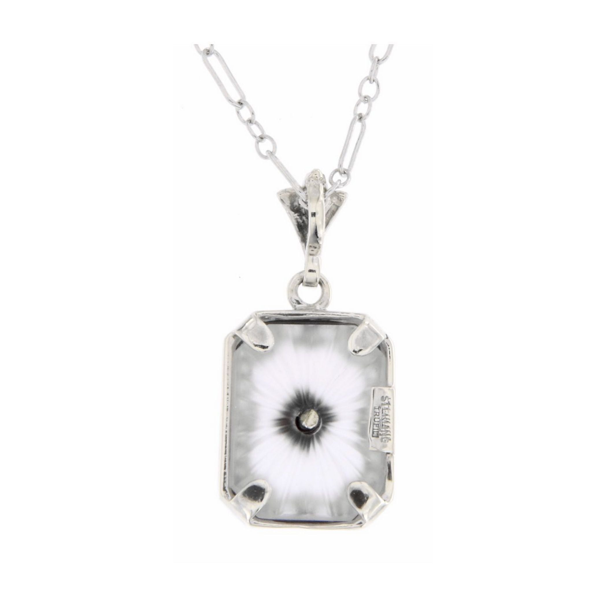 Back view of Art Deco Style Diamond and Camphor Glass Crystal Pendant showing 925 sterling silver hallmark and spring ring cl
