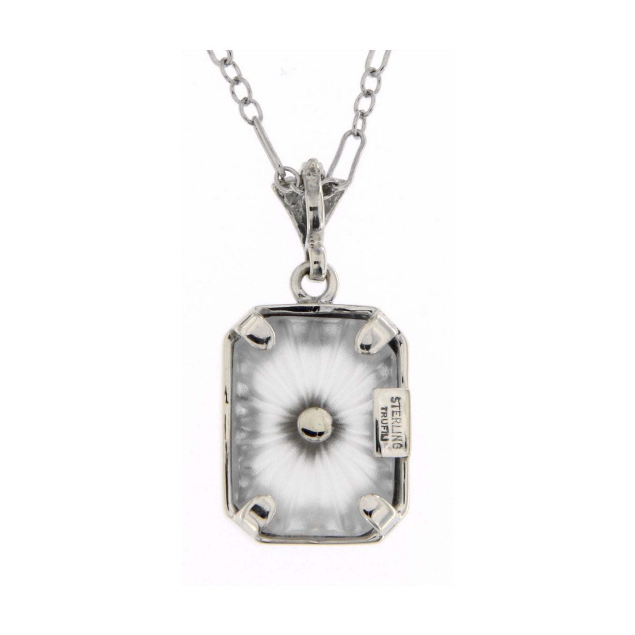 Back view of Sunray Crystal - Camphor Glass Sapphire Center Filigree Sterling Silver Pendant showing 925 sterling silver hall