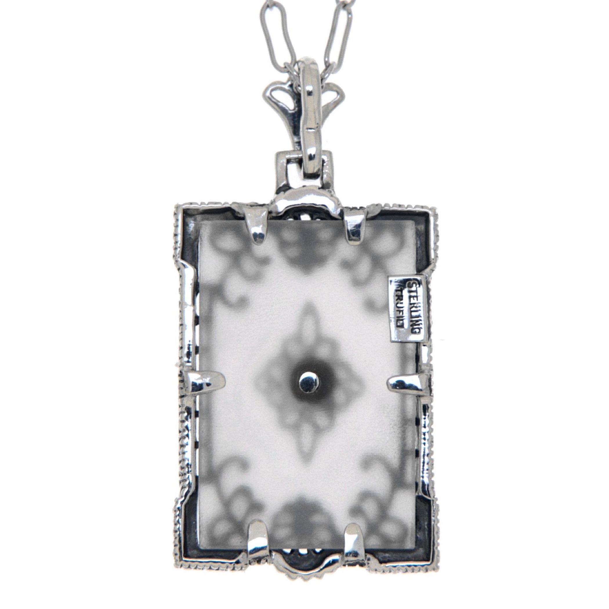 Back view of Antique Style Frosted Crystal Filigree with Diamond Pendant Sterling Silver showing 925 sterling silver hallmark