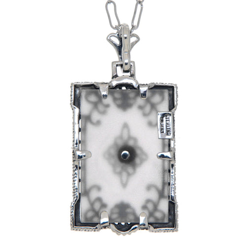 Back view of Antique Style Frosted Crystal Filigree with Diamond Pendant Sterling Silver showing 925 sterling silver hallmark