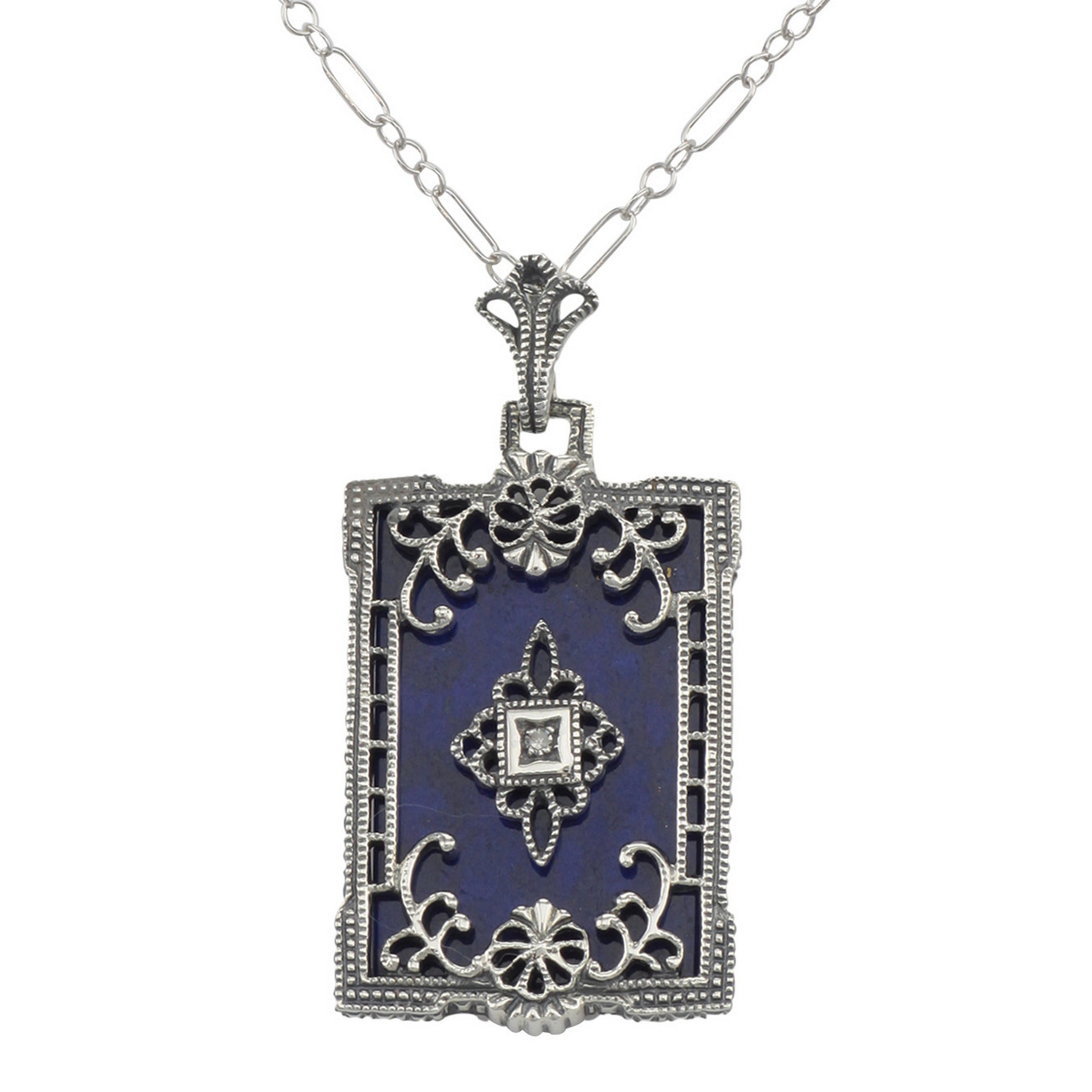 Filigree, Diamond, Lapis, sterling silver pendants, front view