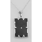 Back view of Antique Style Onyx Filigree Diamond Pendant with Chain showing 925 sterling silver hallmark and spring ring clas