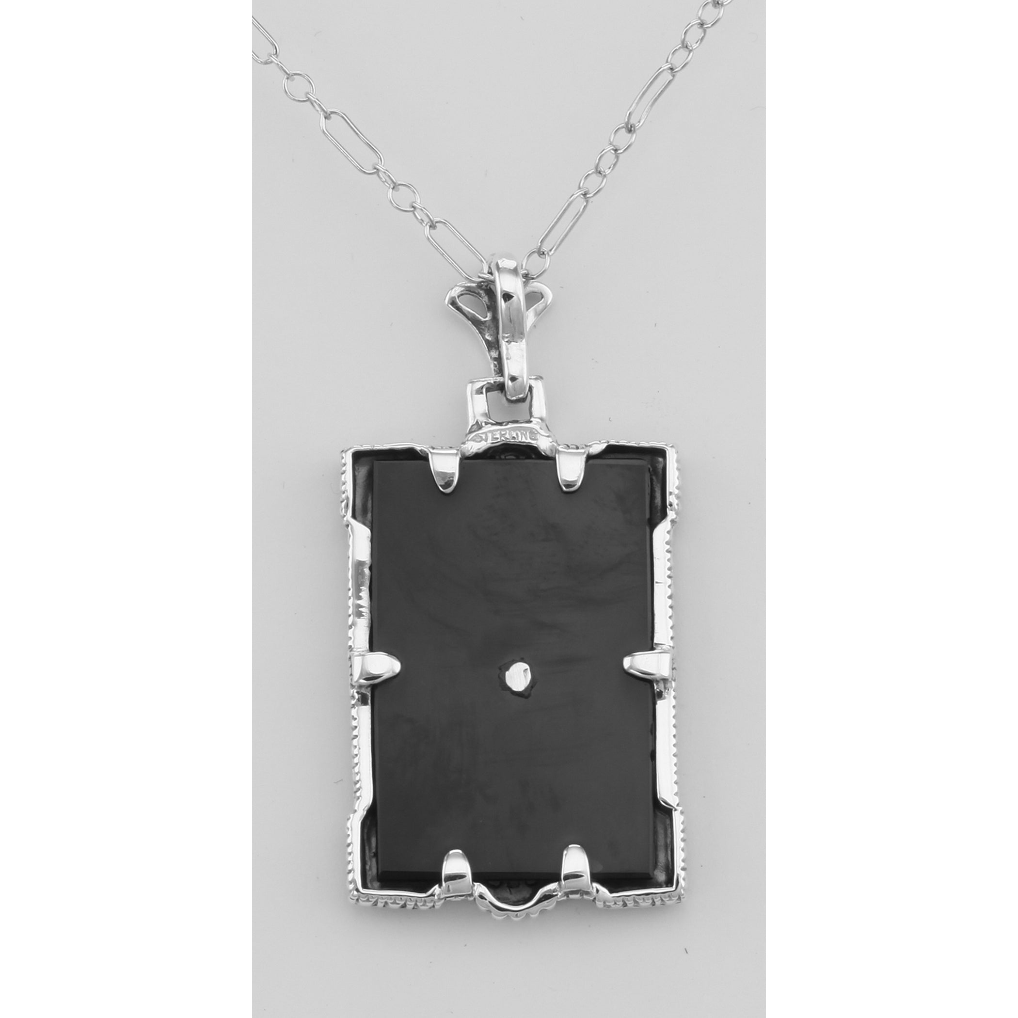 Back view of Antique Style Onyx Filigree Diamond Pendant with Chain showing 925 sterling silver hallmark and spring ring clas