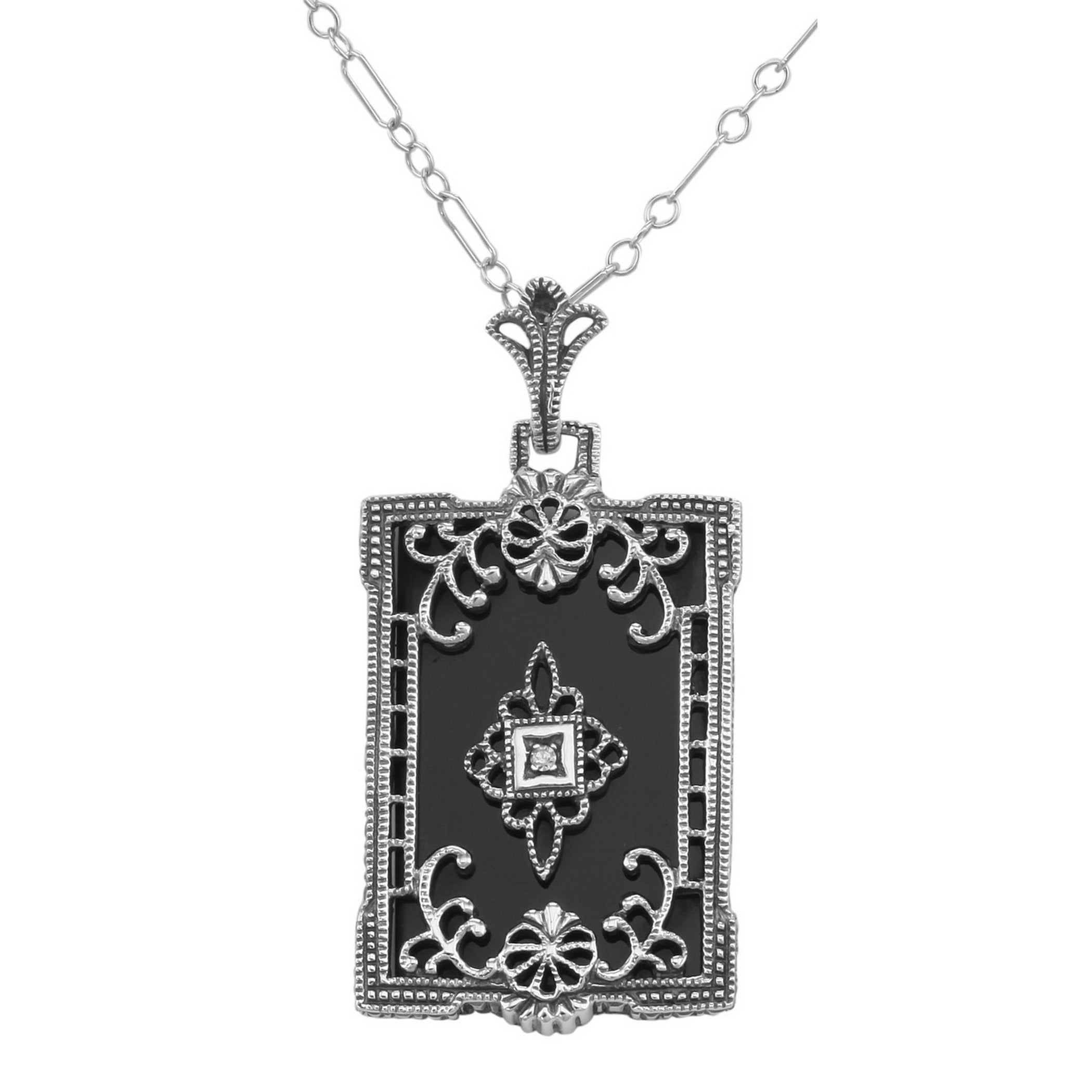 Antique style, Diamond, Onyx, sterling silver pendants, front view