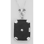 Back view of Art Deco Style Black Onyx and Diamond Pendant with 18 Chain showing 925 sterling silver hallmark and spring ring