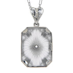 Back view of Art Deco Sunray Camphor Glass pendant w/ diamond showing 925 sterling silver hallmark and spring ring clasp