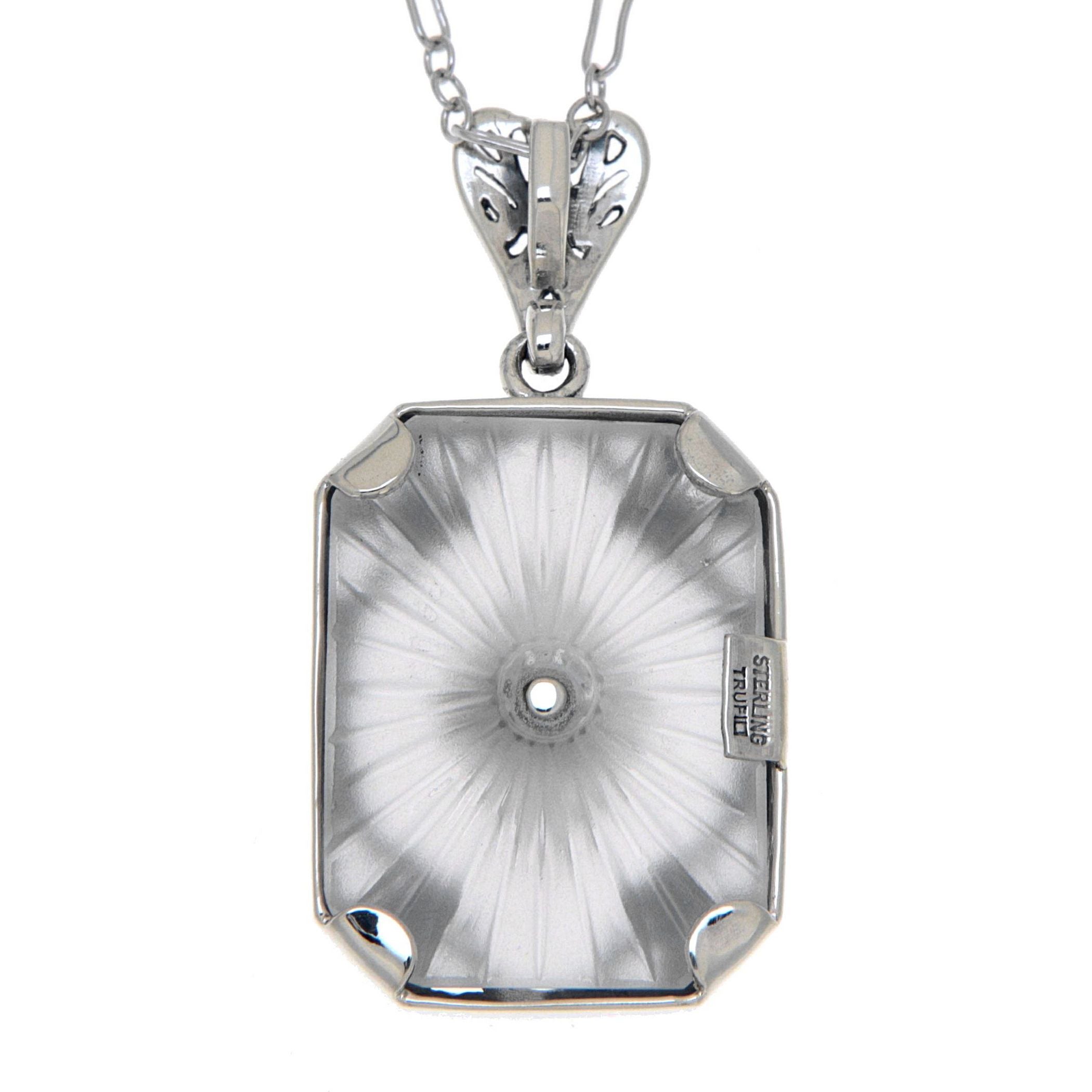 Back view of Art Deco Sunray Camphor Glass pendant w/ diamond showing 925 sterling silver hallmark and spring ring clasp