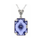 Back view of Art Deco Style Blue Sunray Camphor Glass pendant w/ diamond showing 925 sterling silver hallmark and spring ring