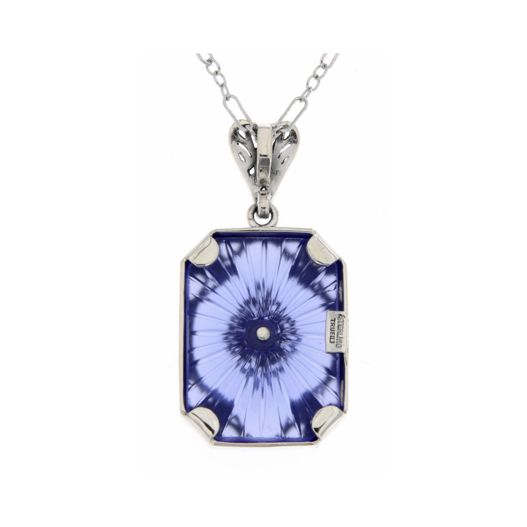 Back view of Art Deco Style Blue Sunray Camphor Glass pendant w/ diamond showing 925 sterling silver hallmark and spring ring