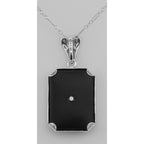 Back view of Art Deco Style Black Onyx Filigree Diamond Pendant showing 925 sterling silver hallmark and spring ring clasp
