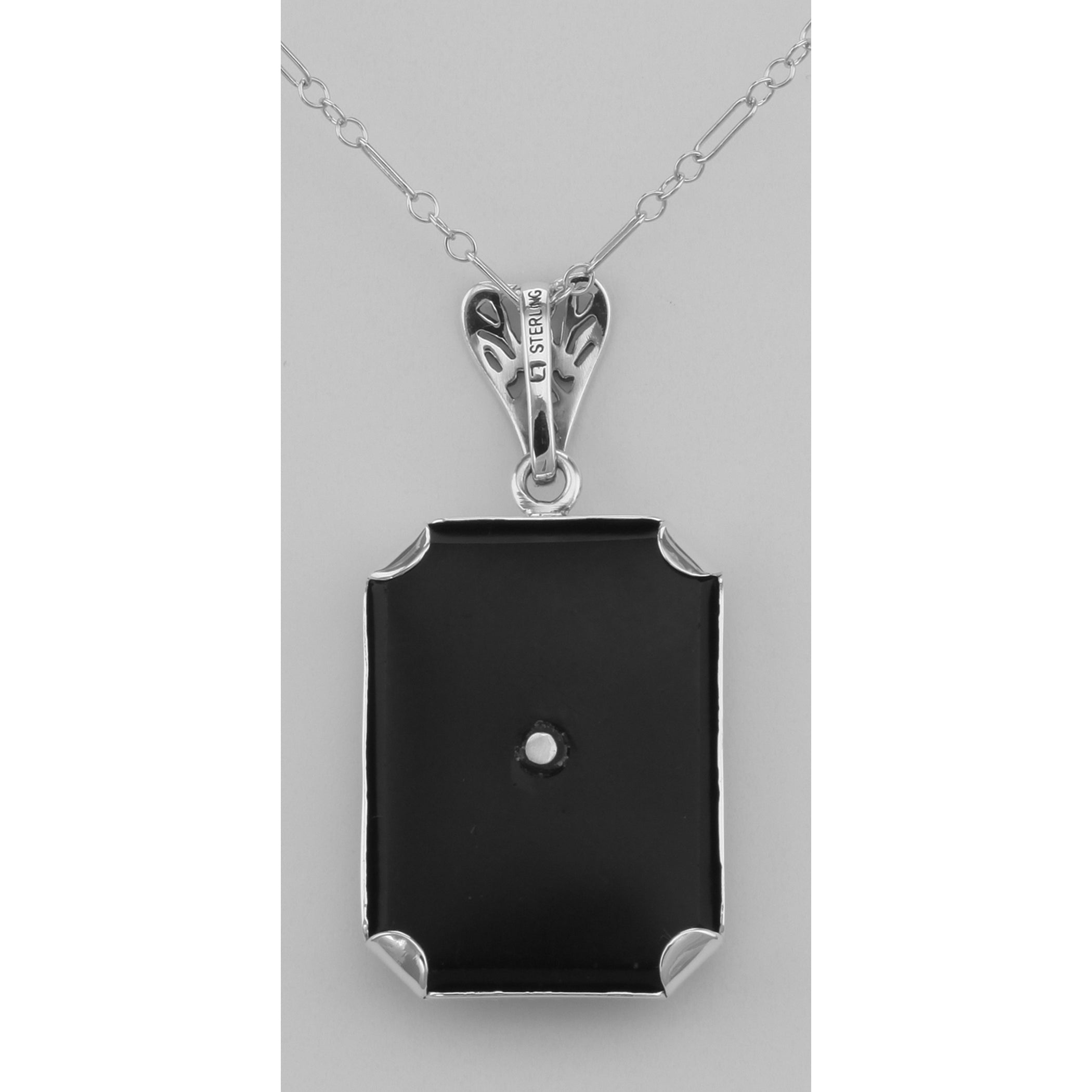 Back view of Art Deco Style Black Onyx Filigree Diamond Pendant showing 925 sterling silver hallmark and spring ring clasp