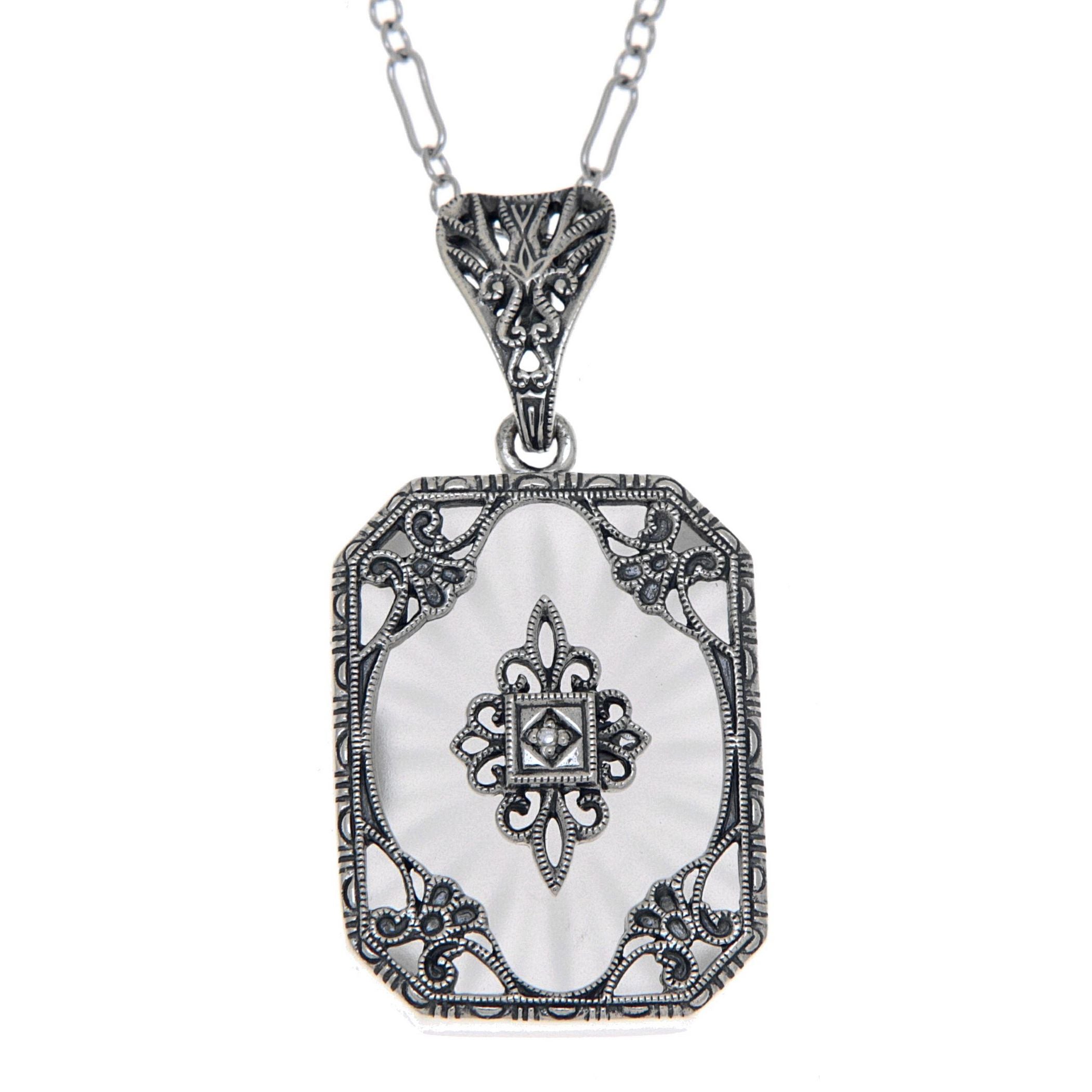 Art Deco style, Diamond, Camphor Glass, sterling silver pendants, front view