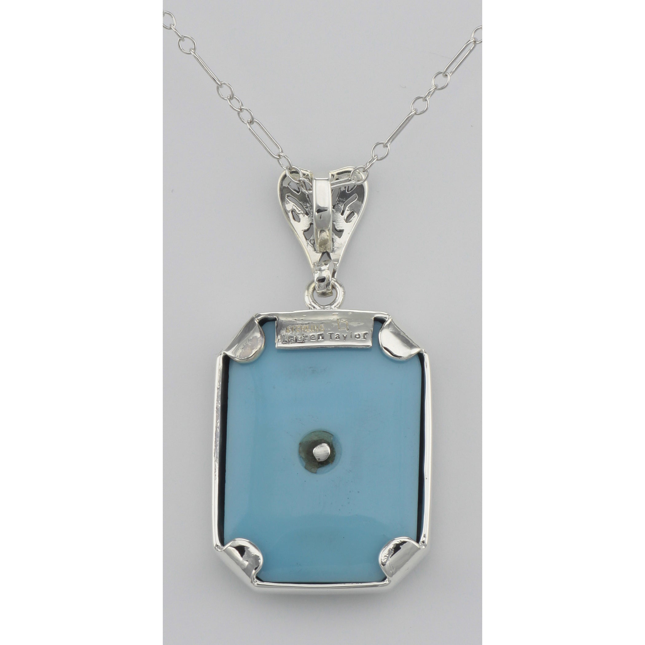 Back view of Filigree Pendant w/ turquoise sunray w/diamond showing 925 sterling silver hallmark and spring ring clasp