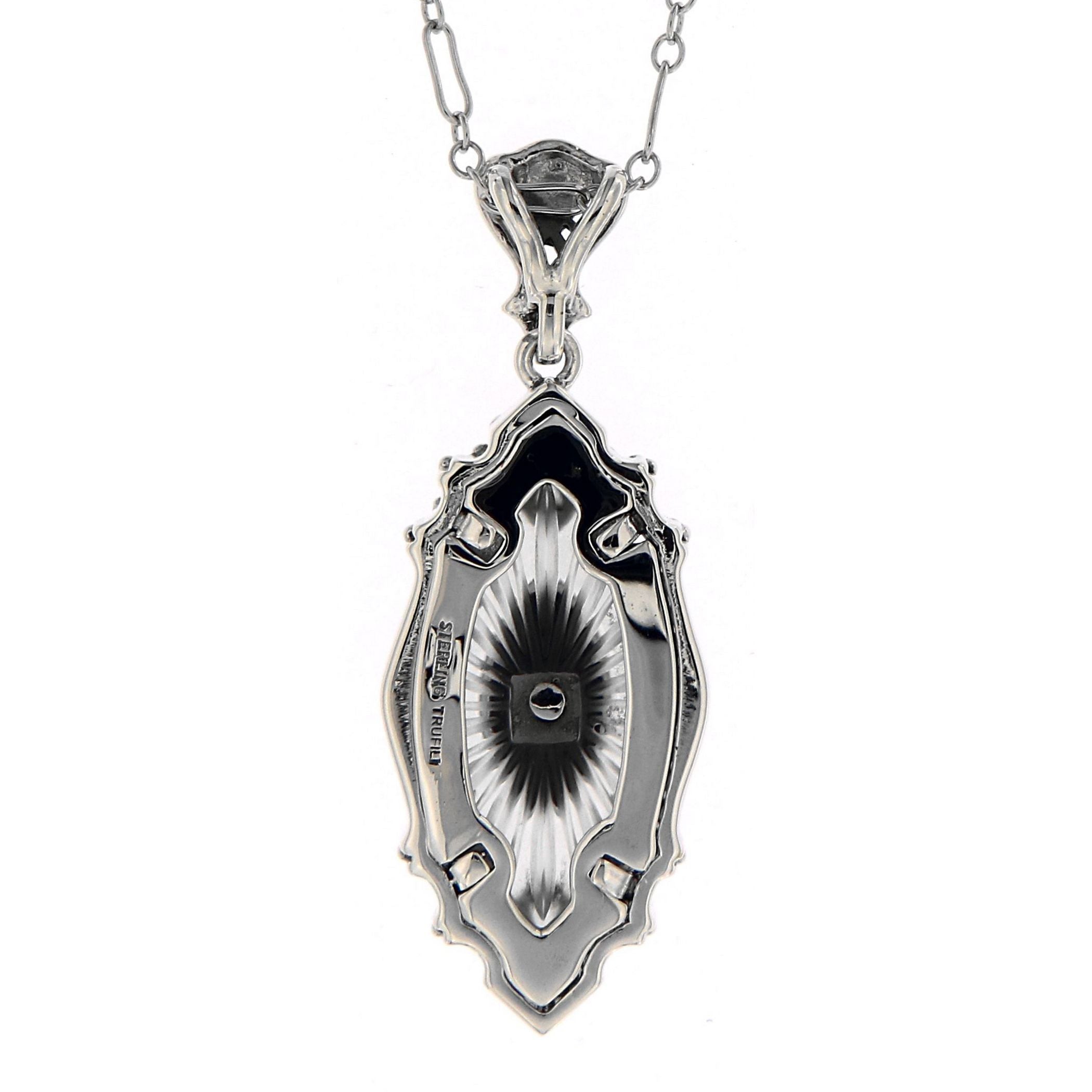 Back view of Sunray Camphor Glass and Jet Genuine Diamond Filigree Pendant Sterling Silver showing 925 sterling silver hallma