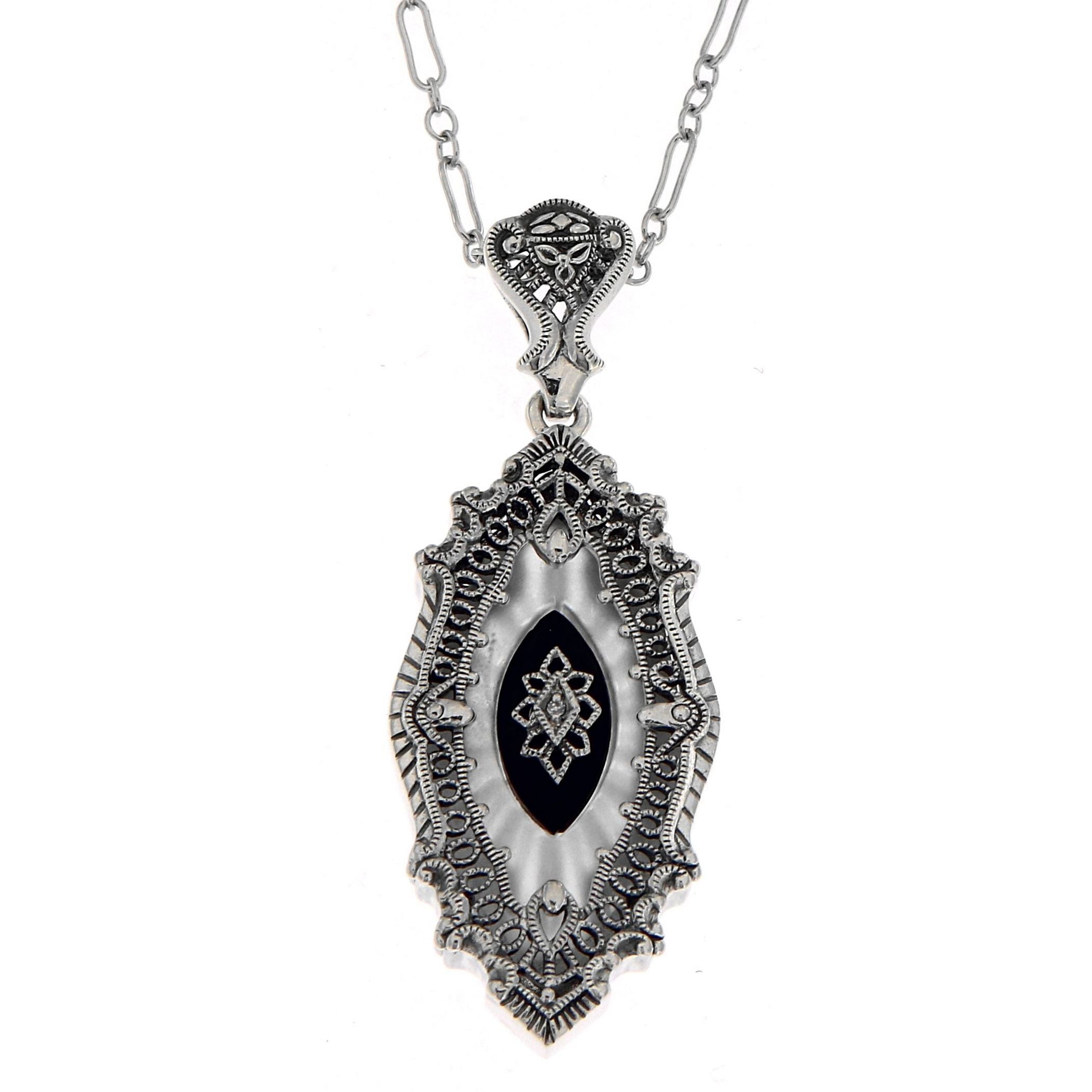 Filigree, Diamond, Camphor Glass, sterling silver pendants, front view