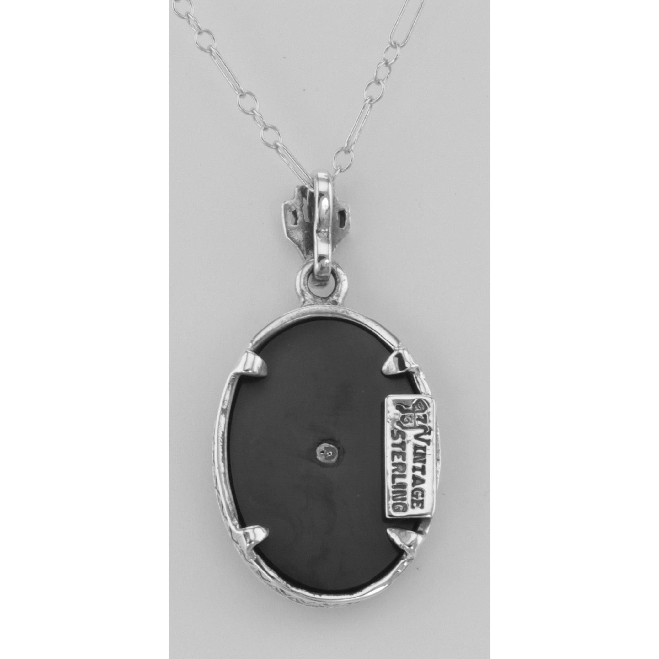 Back view of Beautiful Filigree Diamond Pendant w/ Black Onyx and Chain Sterling Silver showing 925 sterling silver hallmark 