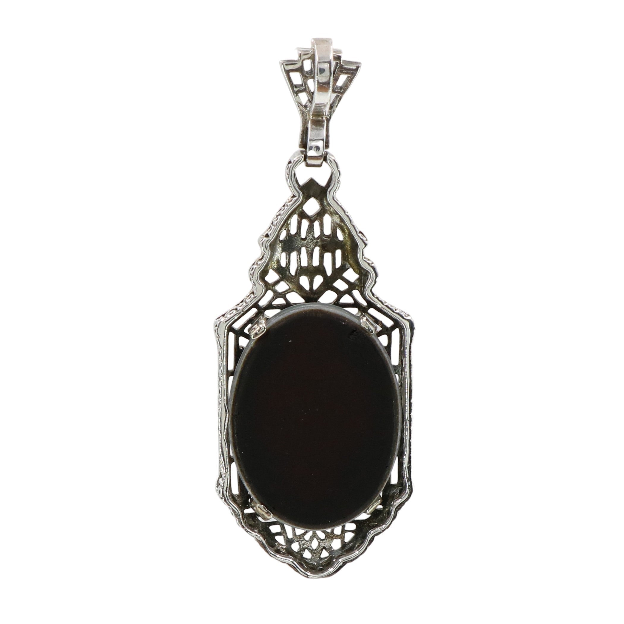 Back view of Black Opal triplet Filigree Pendant in Sterling Silver showing 925 sterling silver hallmark and spring ring clas