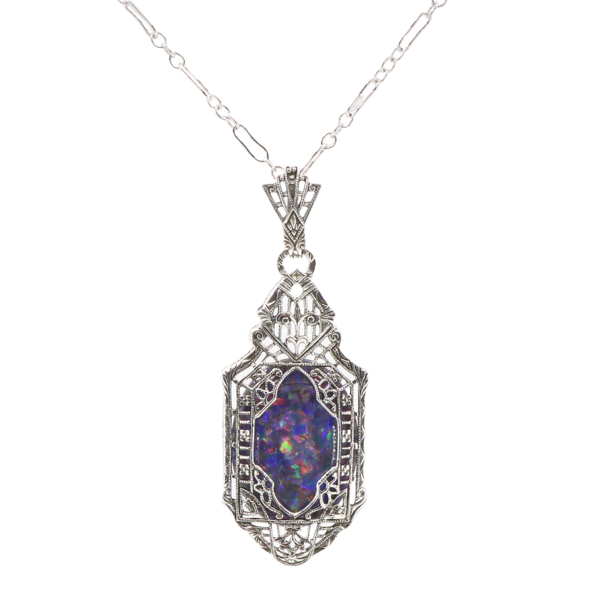 Filigree, Opal, sterling silver pendants, front view