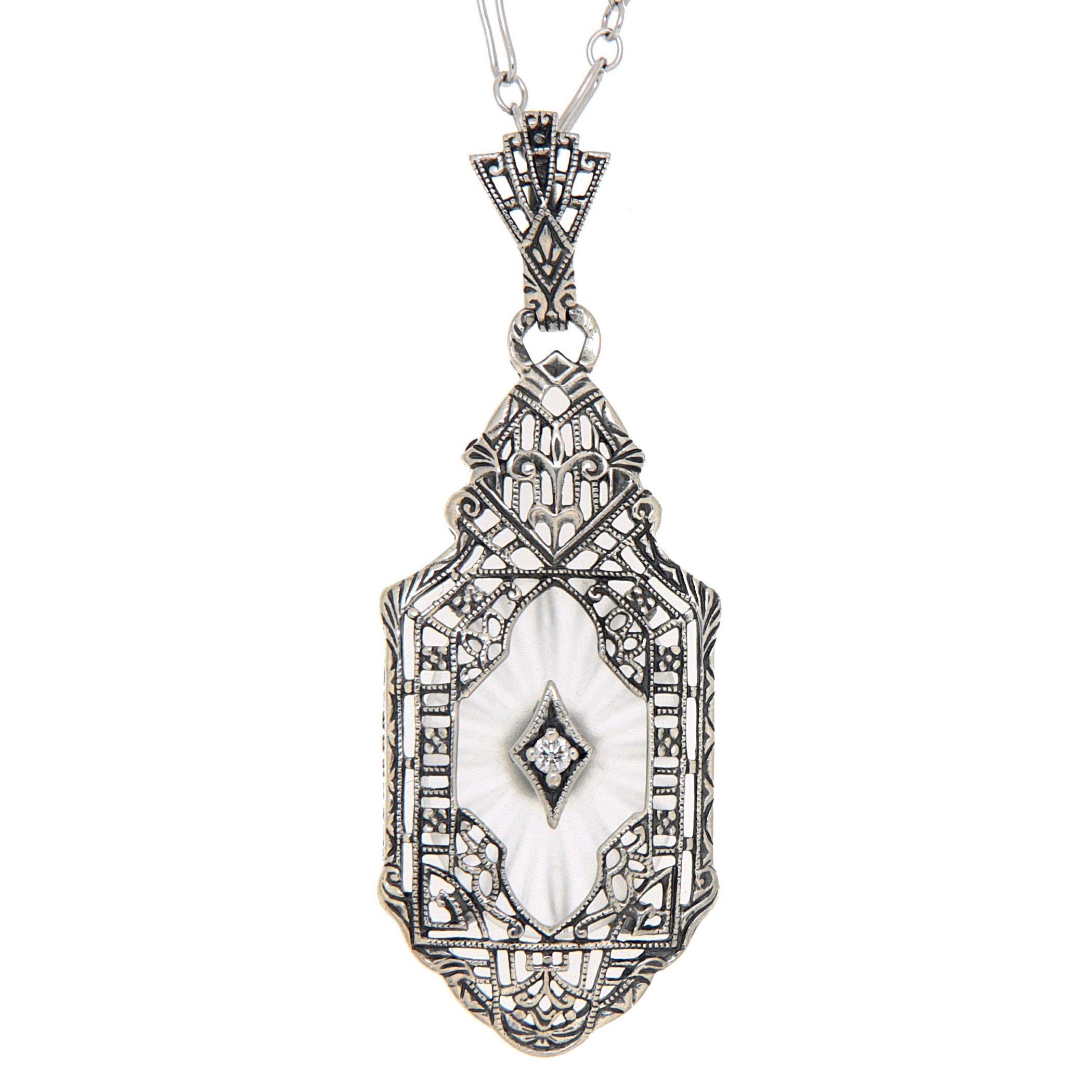 Filigree, Diamond, Camphor Glass, sterling silver pendants, front view