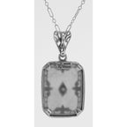 Back view of Fleur de Lis Design Crystal Filigree Pendant w Diamond Sterling Silver showing 925 sterling silver hallmark and 