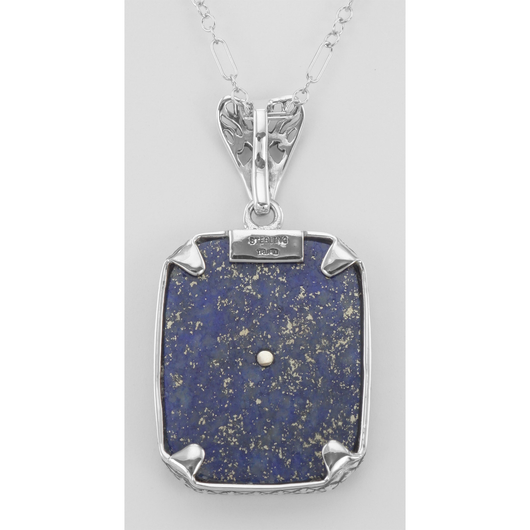Back view of Fleur de Lis Design Blue Lapis and Diamond Pendant with Chain Sterling Silver showing 925 sterling silver hallma