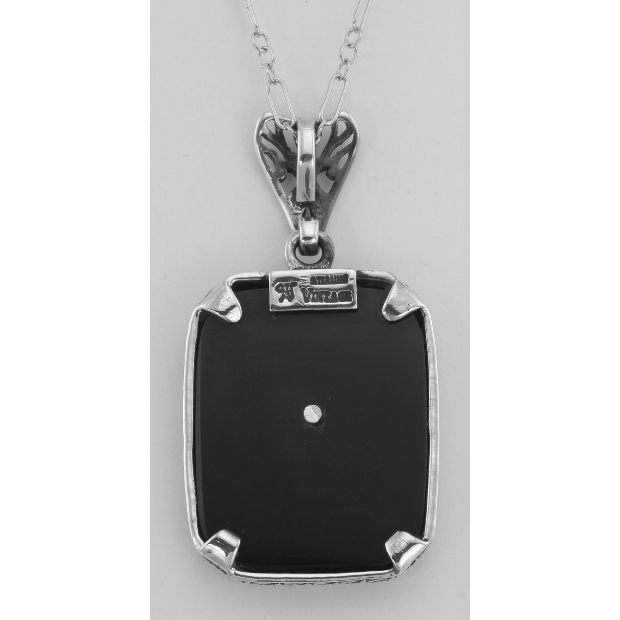 Back view of Fleur de Lis Design Onyx and Diamond Pendant with Chain Sterling Silver showing 925 sterling silver hallmark and