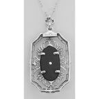 Back view of Art Deco Style Black Onyx Diamond Pendant with Chain showing 925 sterling silver hallmark and spring ring clasp