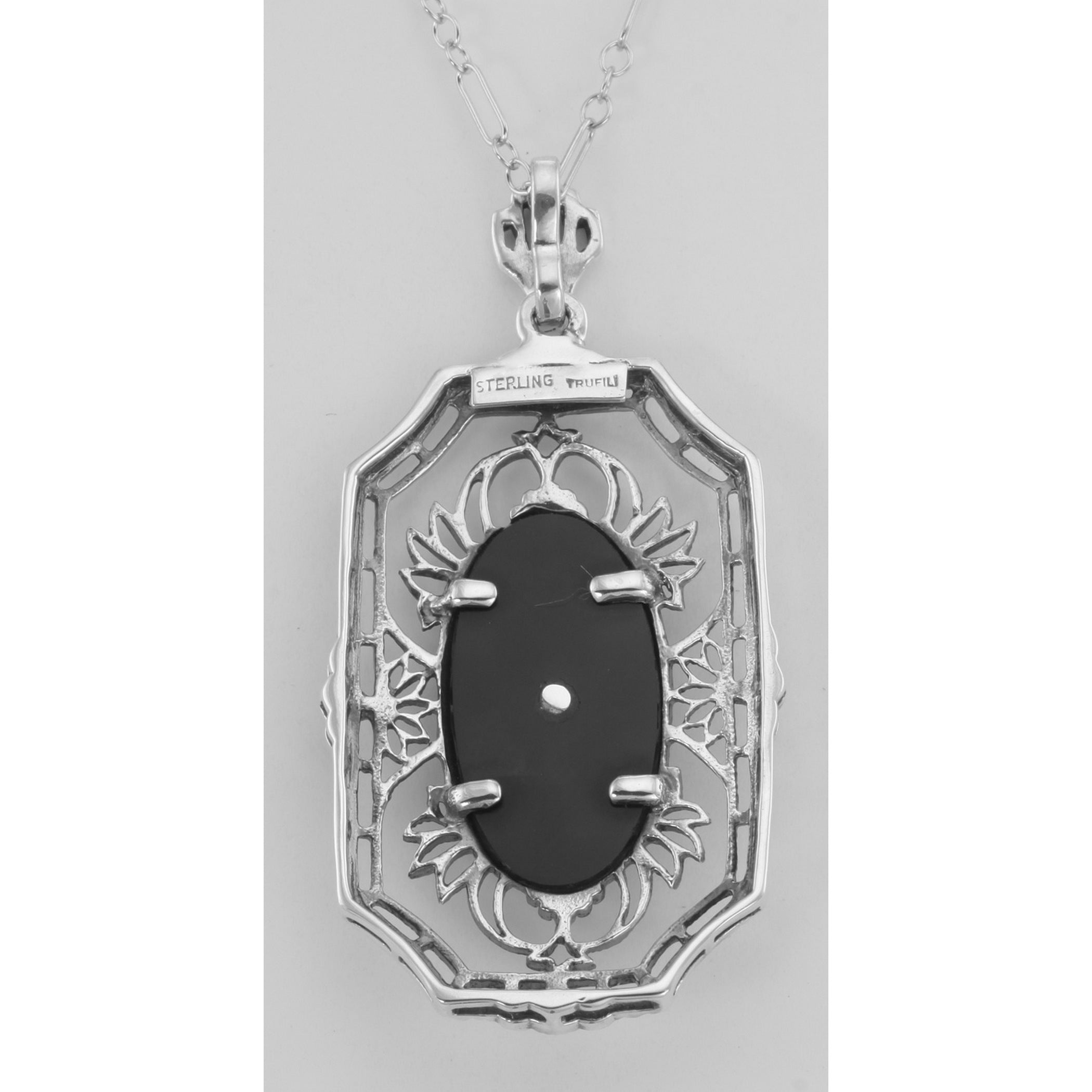 Back view of Art Deco Style Black Onyx Diamond Pendant with Chain showing 925 sterling silver hallmark and spring ring clasp