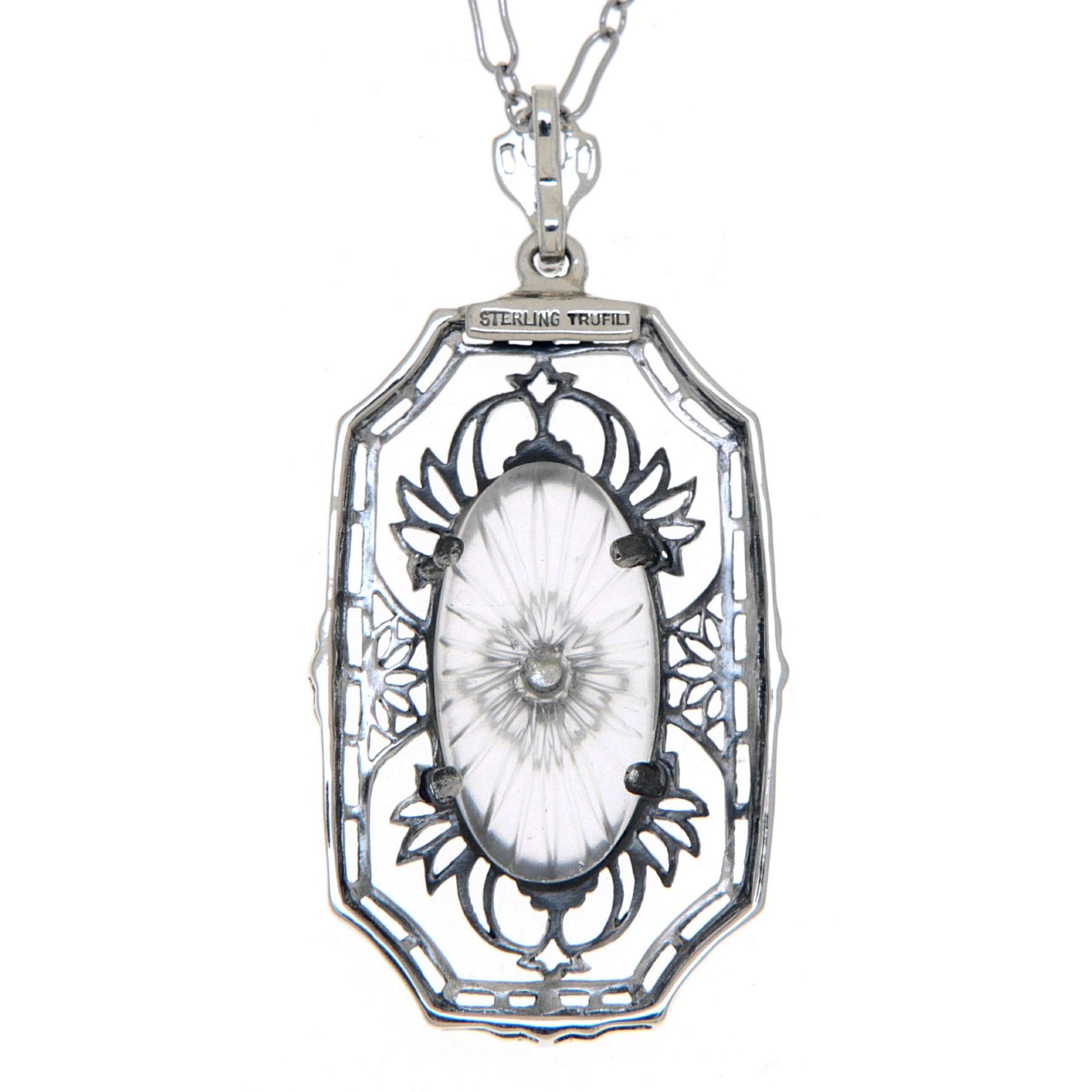 Back view of Art Deco Camphor Glass Crystal Diamond Pendant 18 in. Chain Sterling Silver showing 925 sterling silver hallmark