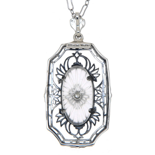 Back view of Art Deco Camphor Glass Crystal Diamond Pendant 18 in. Chain Sterling Silver showing 925 sterling silver hallmark