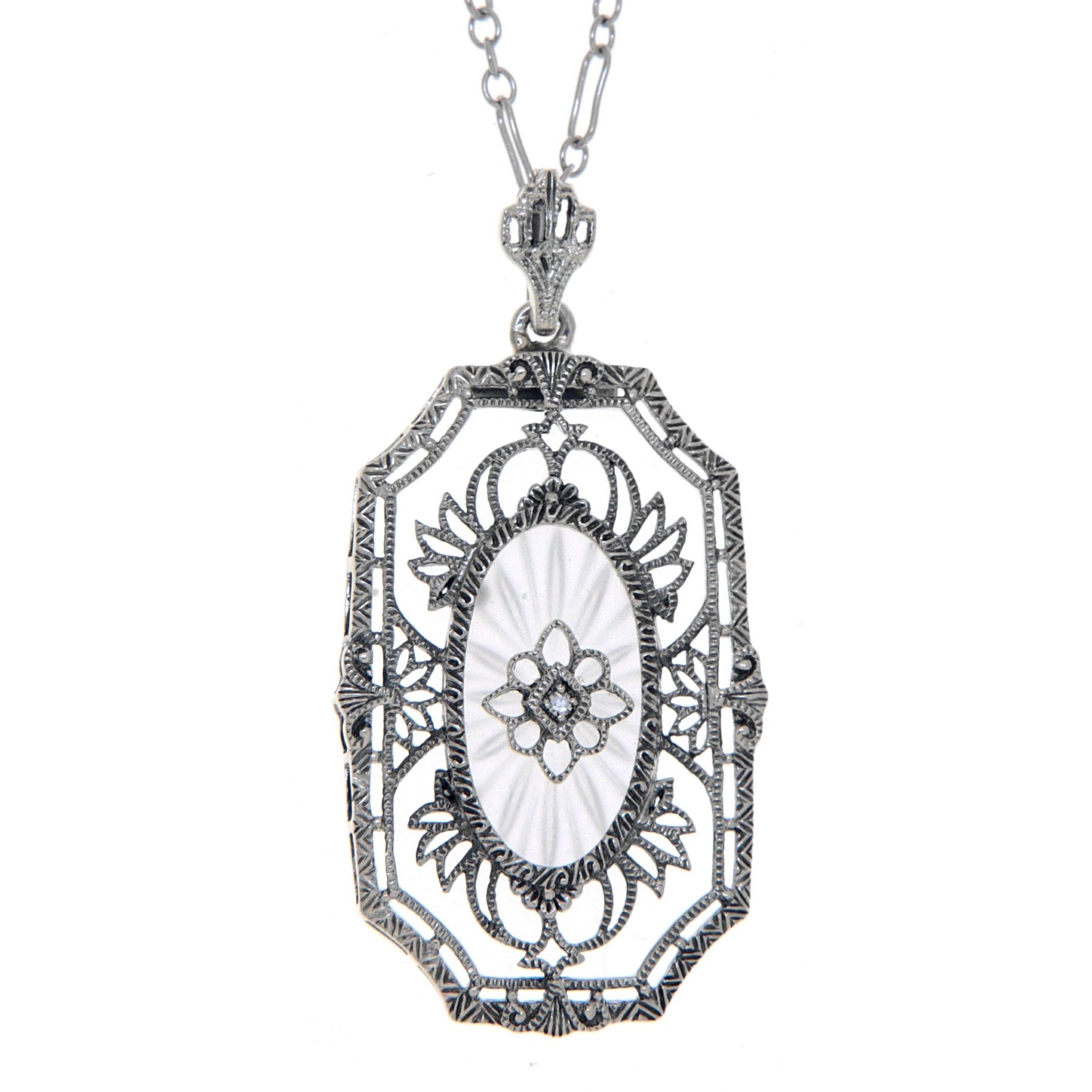 Art Deco style, Diamond, Crystal, sterling silver pendants, front view