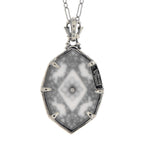 Back view of Victorian Style Camphor Glass Filigree Diamond Pendant with chain showing 925 sterling silver hallmark and sprin
