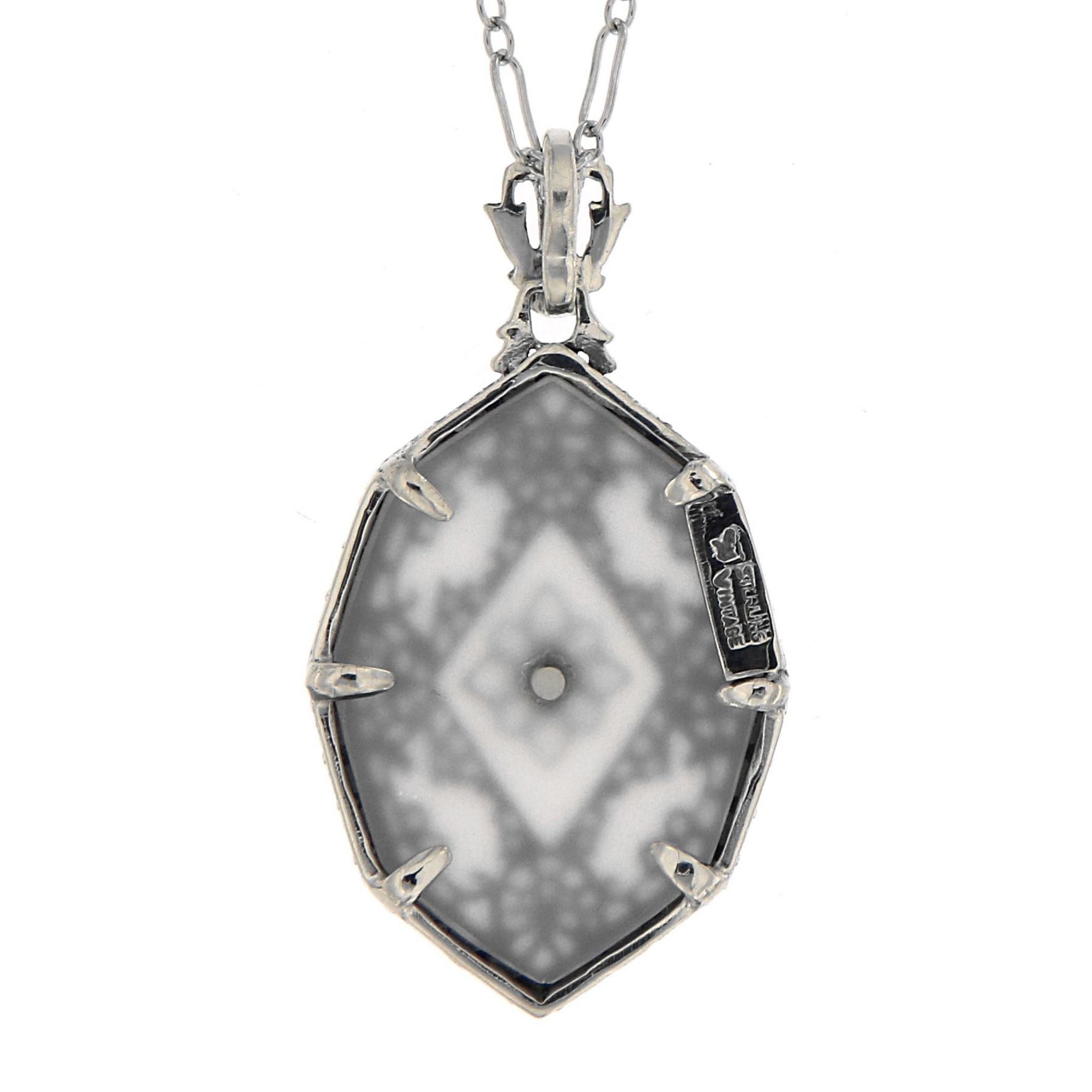 Back view of Victorian Style Camphor Glass Filigree Diamond Pendant with chain showing 925 sterling silver hallmark and sprin