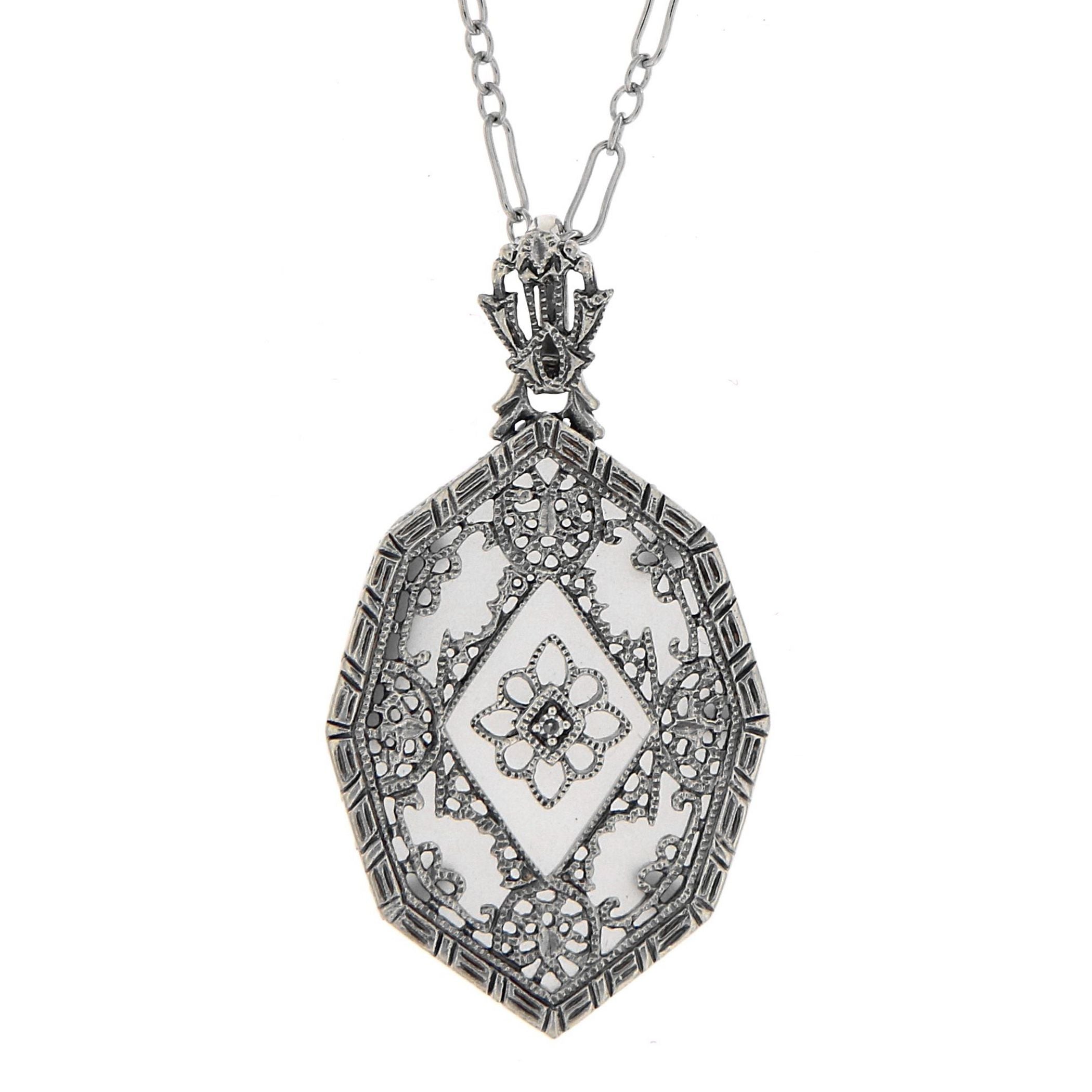 Victorian style, Diamond, Camphor Glass, sterling silver pendants, front view