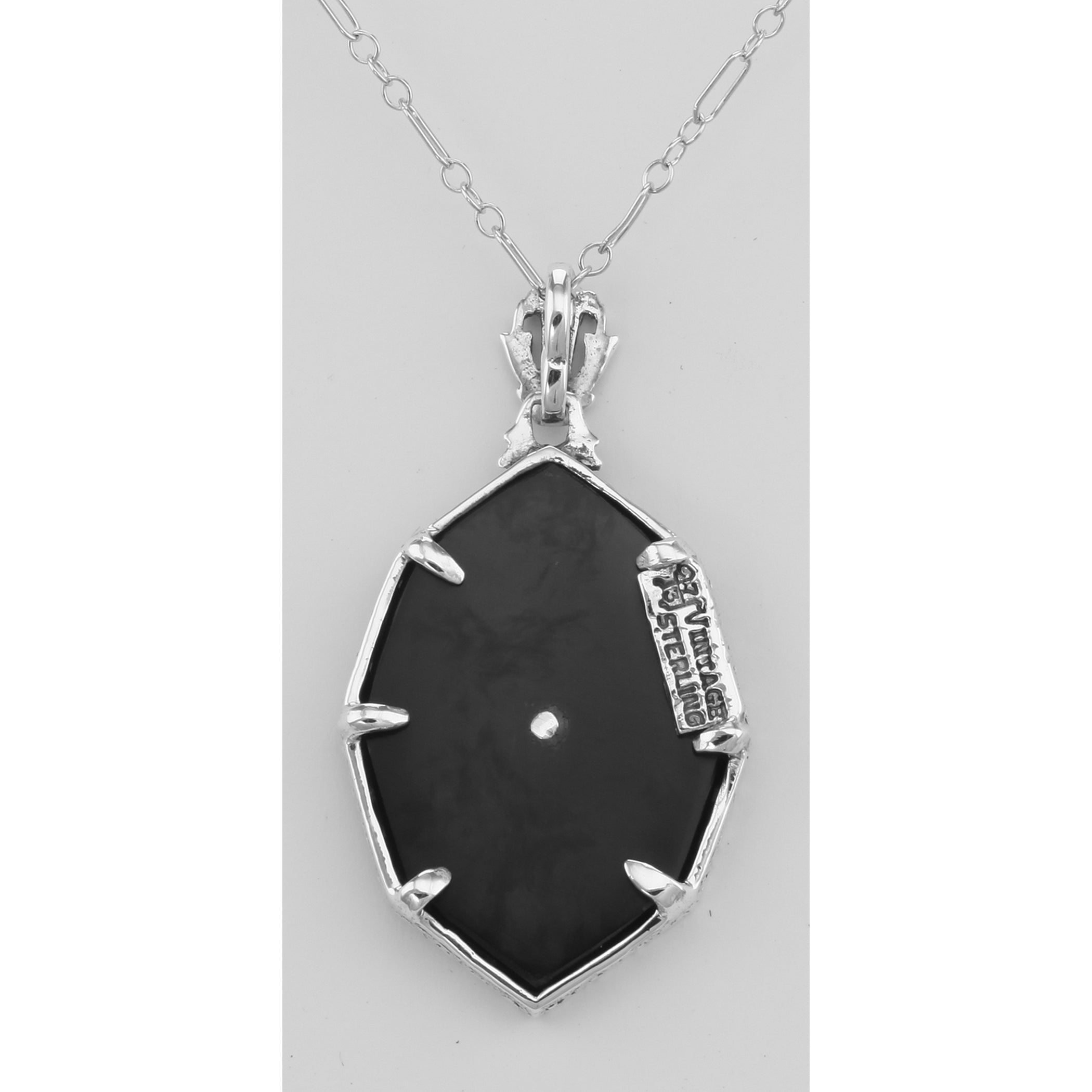 Back view of Victorian Style Black Onyx Filigree Diamond Pendant with chain showing 925 sterling silver hallmark and spring r