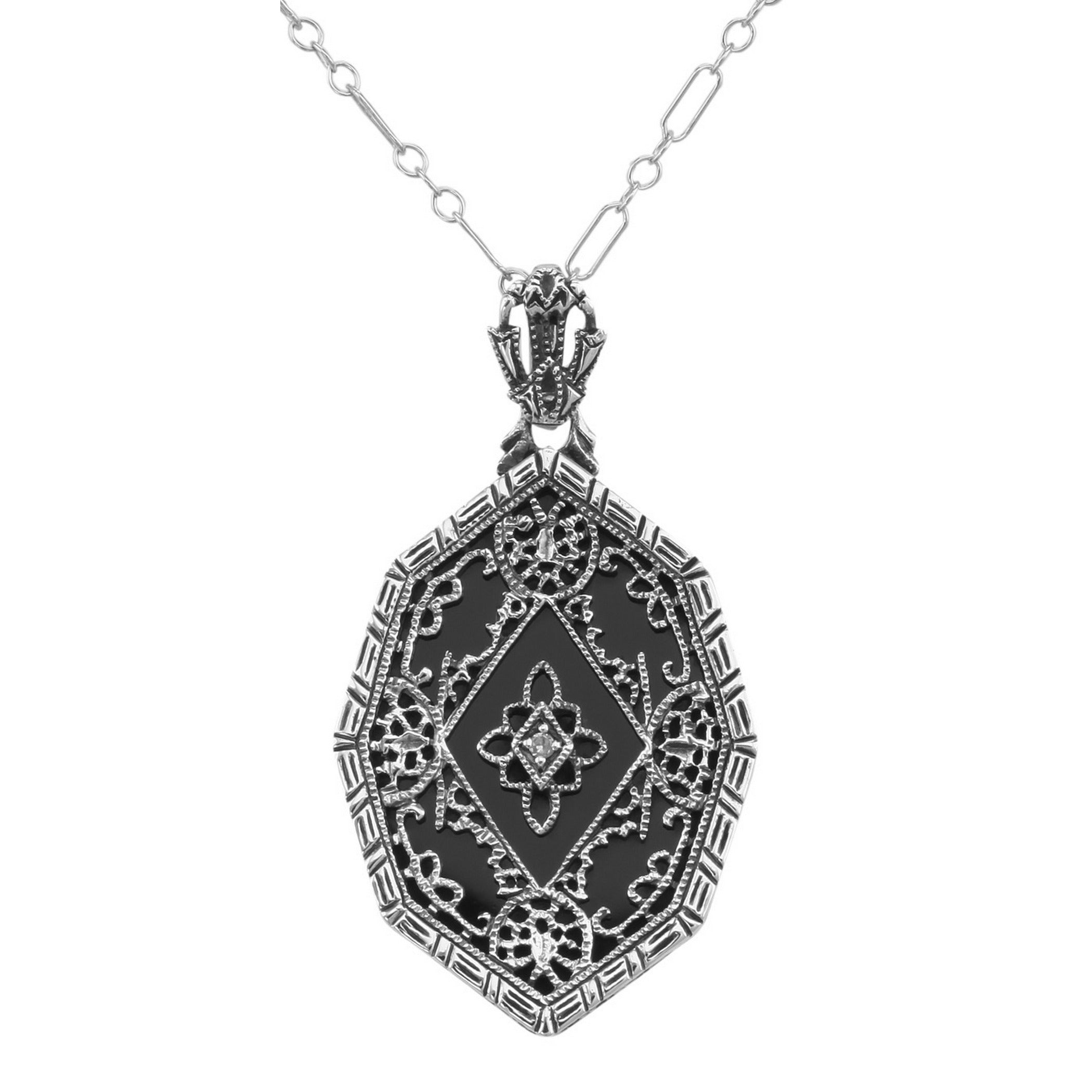 Victorian style, Diamond, Black Onyx, sterling silver pendants, front view